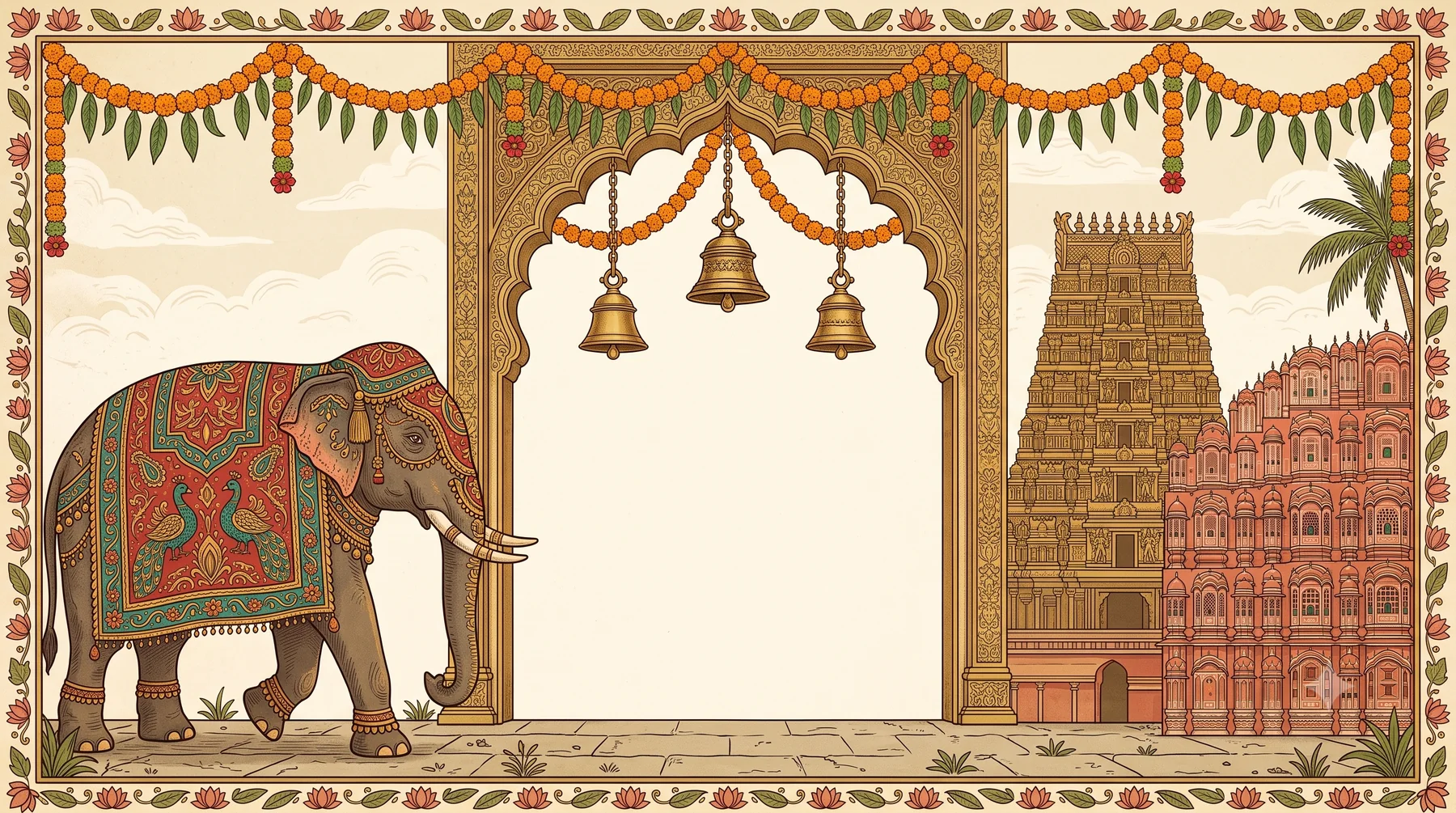 Painted gateway of India: a decorated temple elephant, brass bells under a carved arch, a golden gopuram and the Hawa Mahal